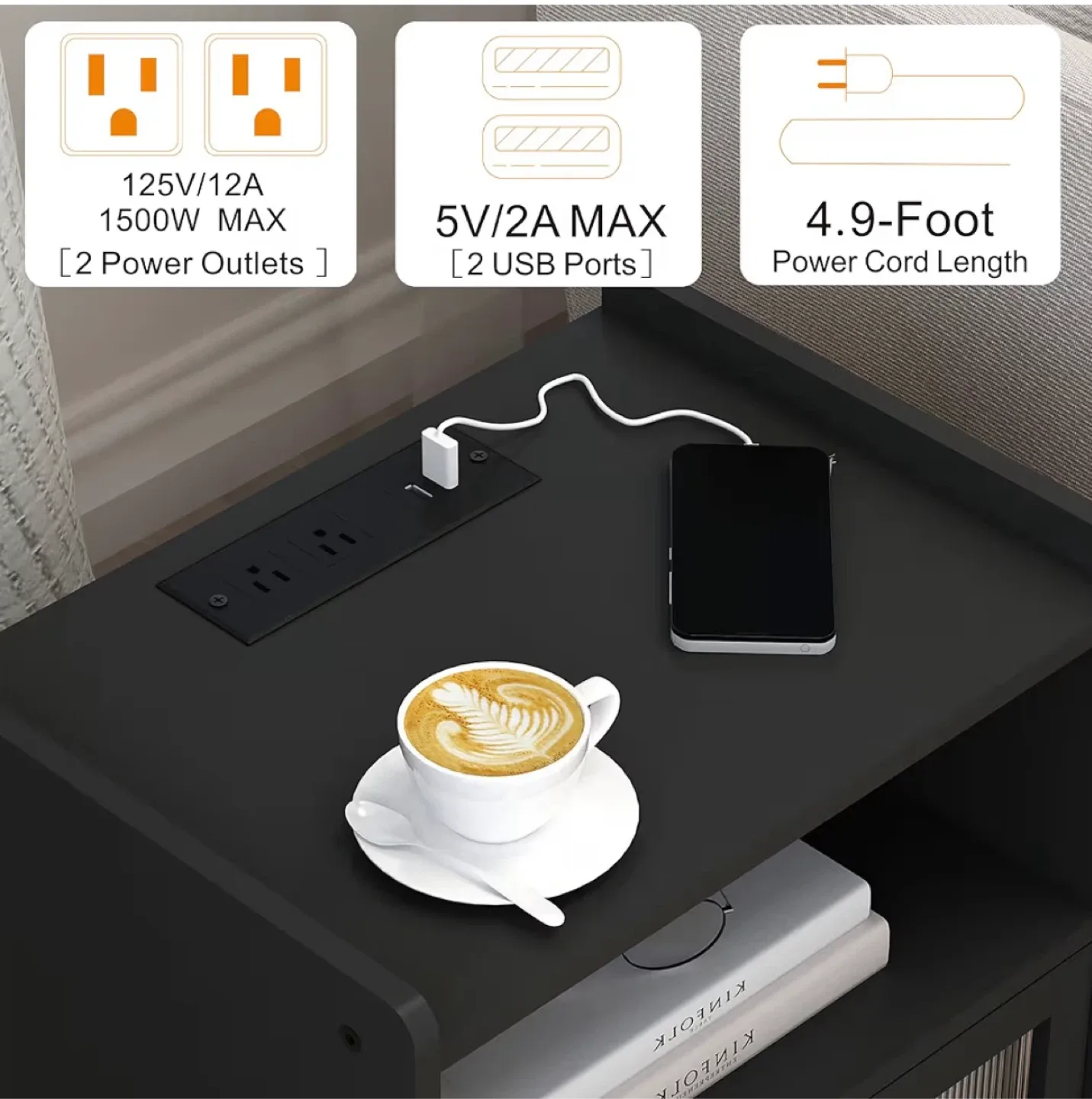 Black Nightstand End Table with USB Ports image indicator(3)