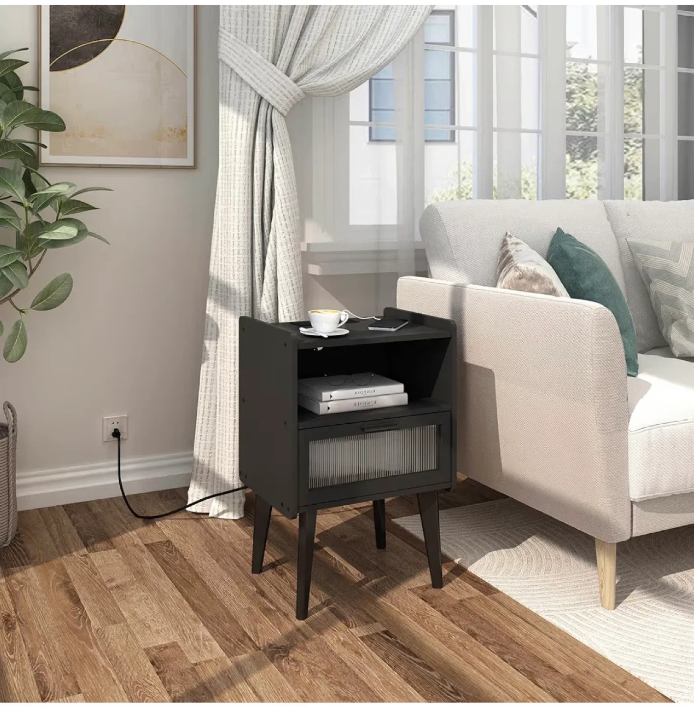 Black Nightstand End Table with USB Ports