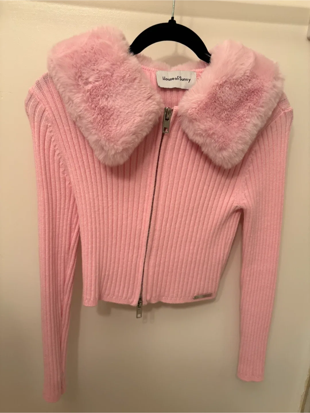 House of Sunny Pink Faux Fur Trim Cardigan