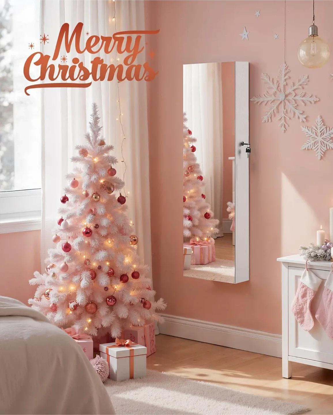 Hanging Jewelry Cabinet with LED Interior Lights White