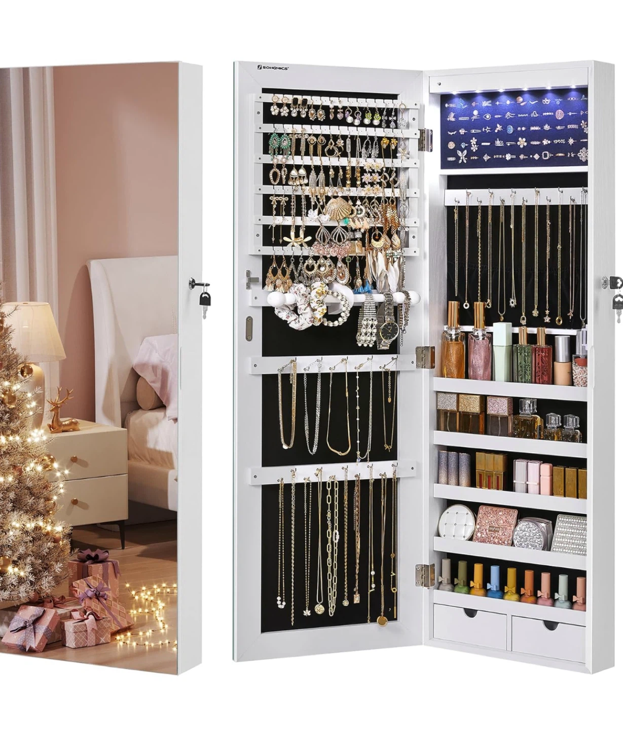 Hanging Jewelry Cabinet with LED Interior Lights White - photo 2