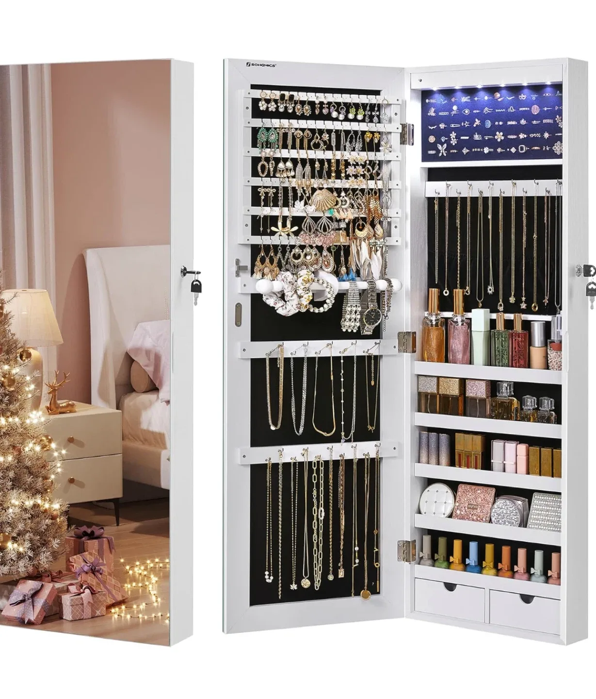 Hanging Jewelry Cabinet with LED Interior Lights White image indicator(2)