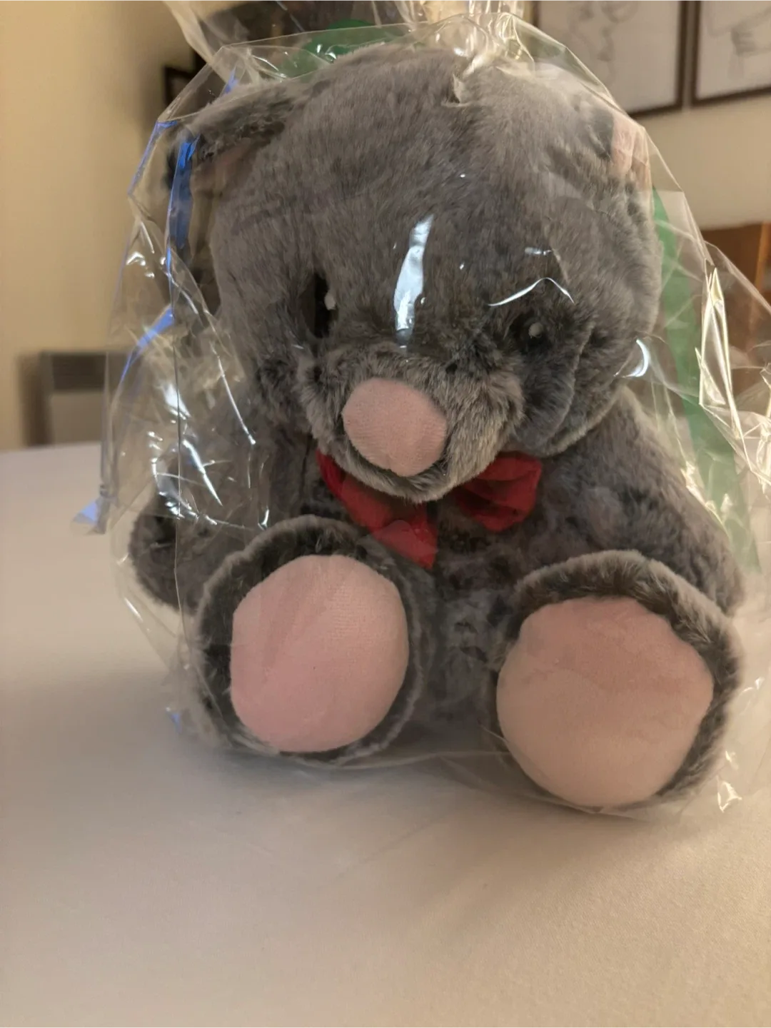 Grey Plush Bear with Red Bow - New in Bag