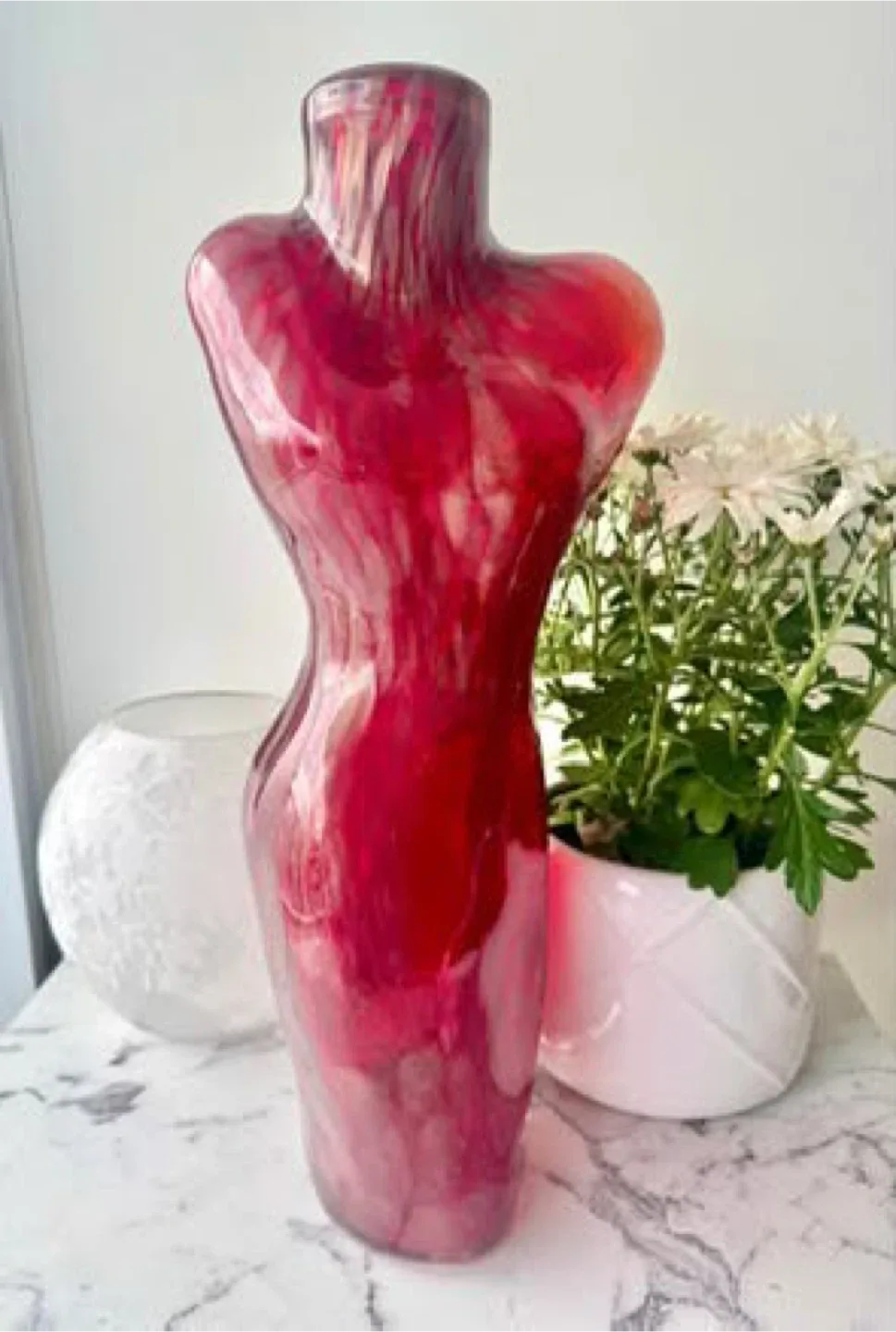 Red Sculptural Glass Vase – Torso Form Art Deco Statement Piece