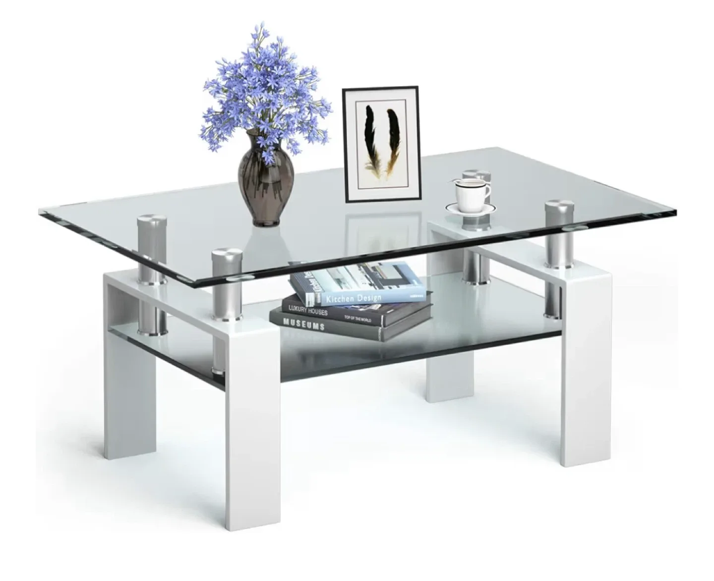 Glass Top Coffee Table - White Frame, 39" x 23.5"