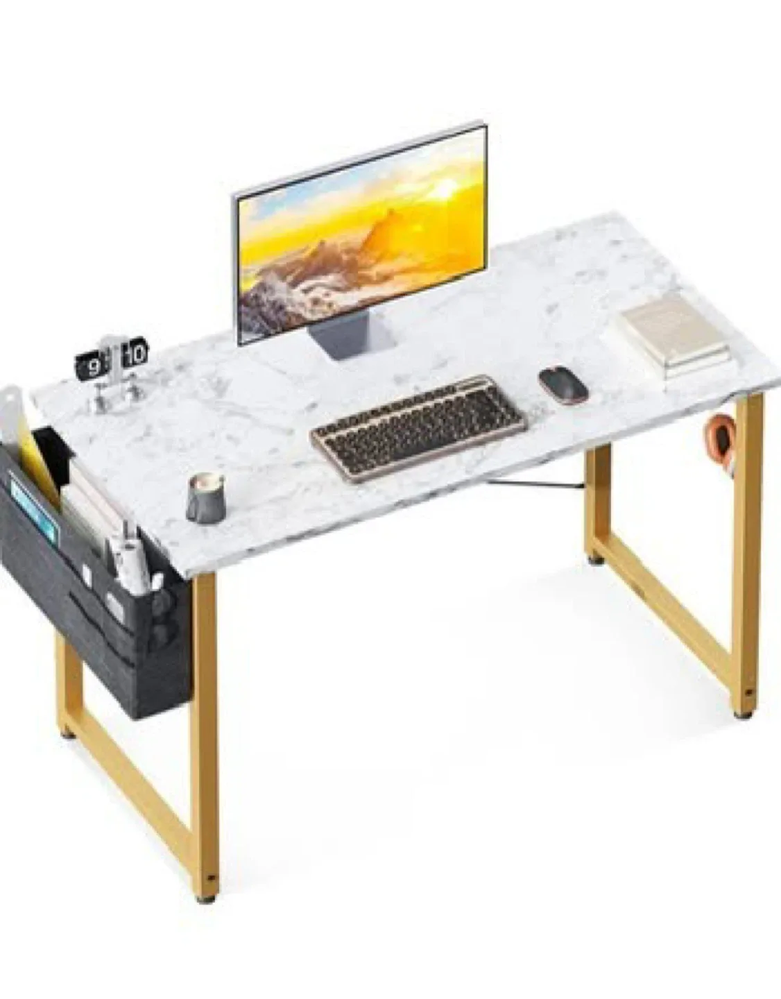 40” White Marble & Gold Desk – Compact Home Office/Study Table