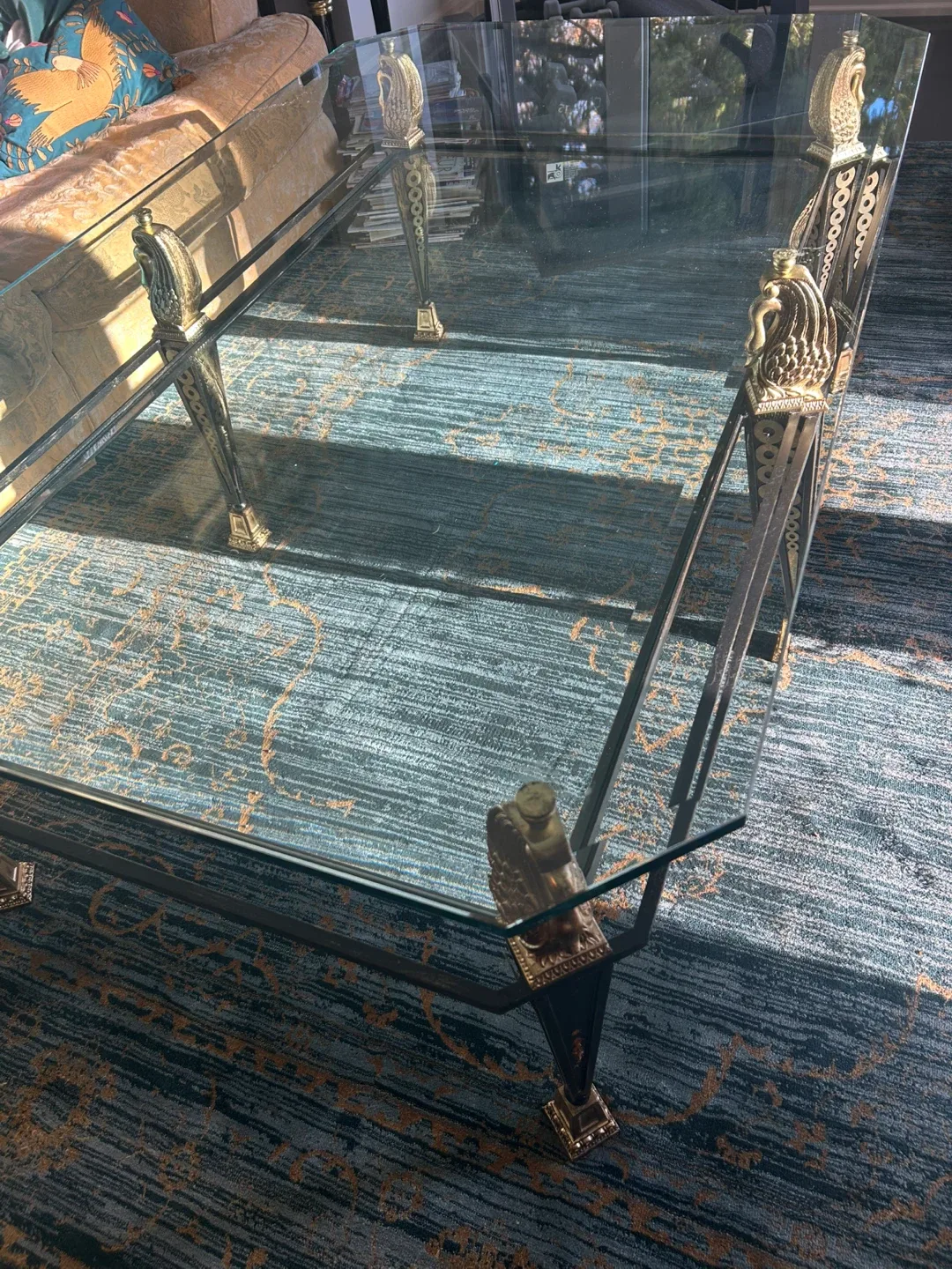 Glass Coffee Table with Gold Swan Accents