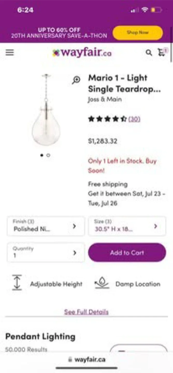 Joss & Main Mario 1-Light Teardrop Pendant - New