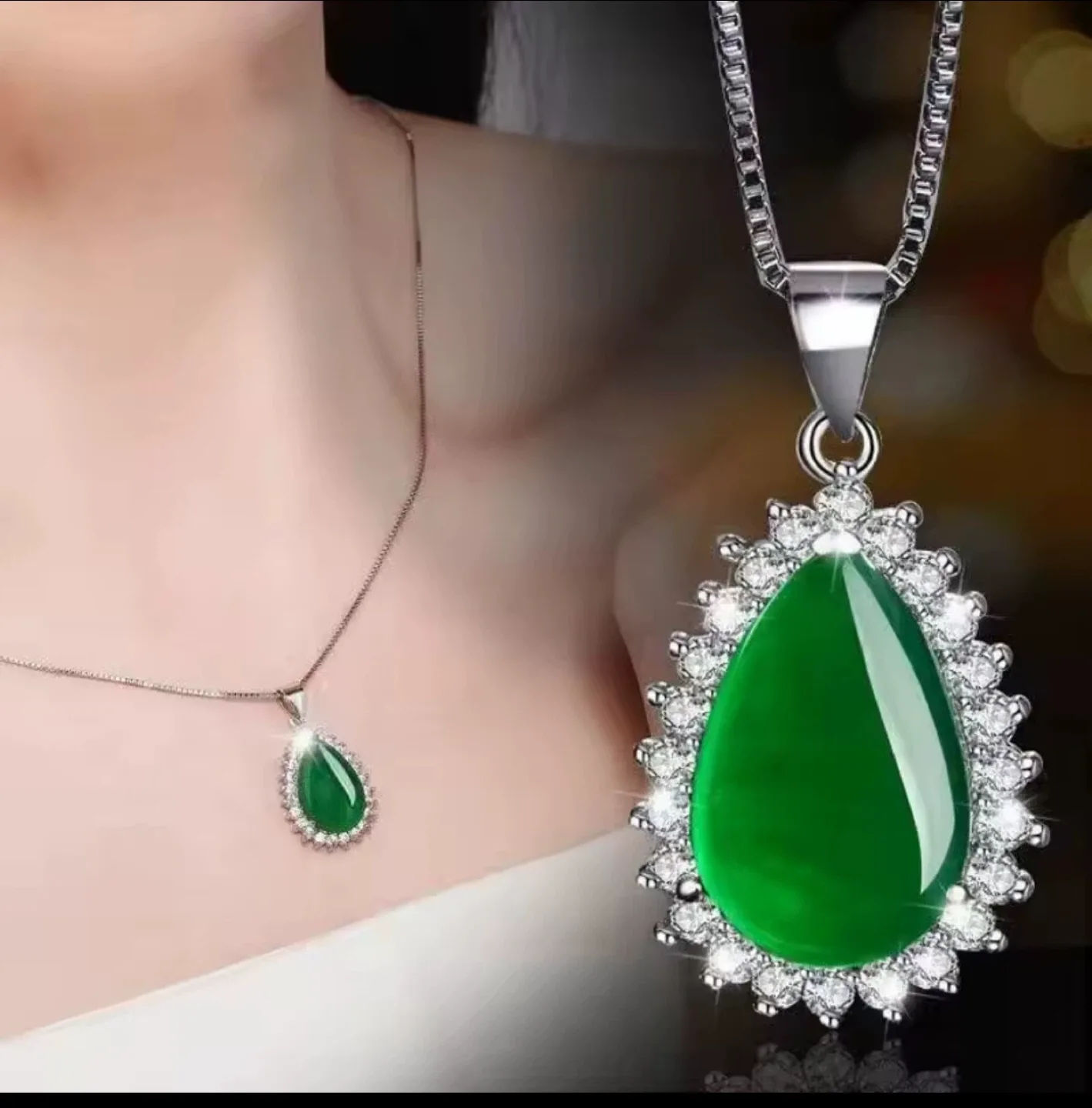 S925 Silver Emerald Green Pendant Necklace