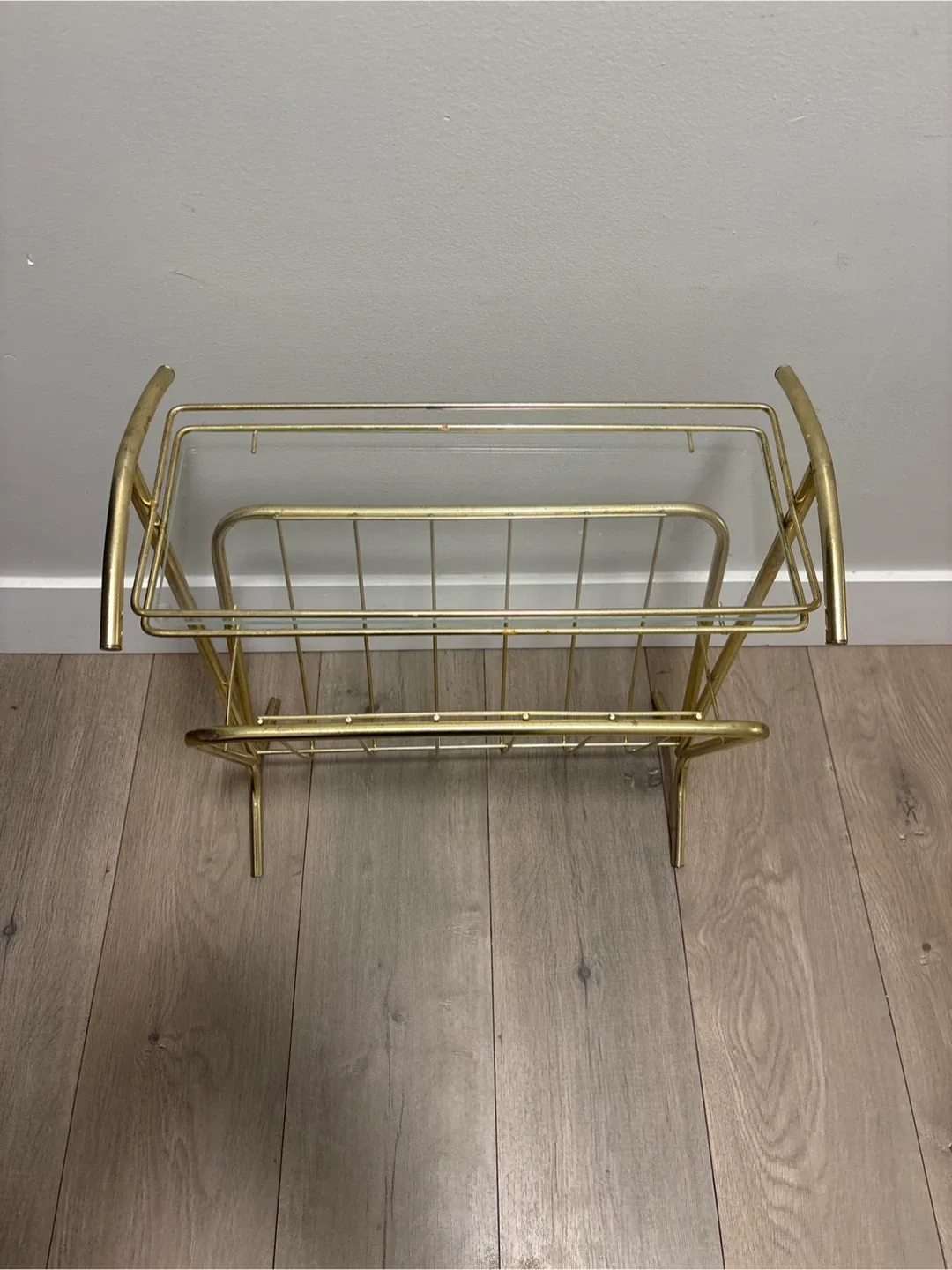 Vintage Brass & Glass Magazine Rack and End Table 9x18 20 inches image indicator(4)