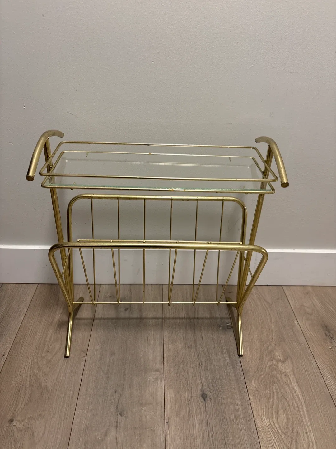 Vintage Brass & Glass Magazine Rack and End Table 9x18 20 inches