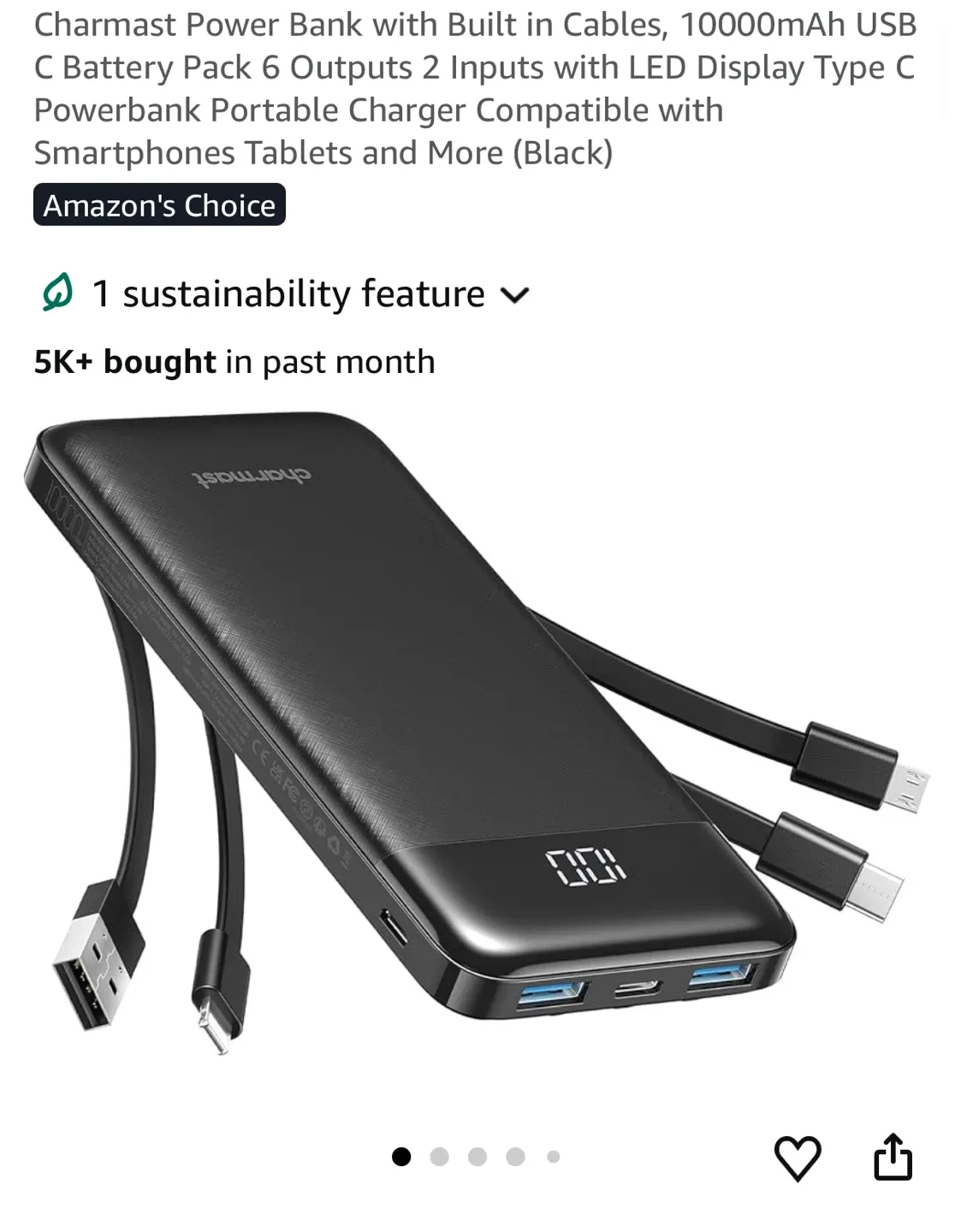 Charmast Power Bank with Built in Cables, 10000mAh USB - Black image indicator(5)