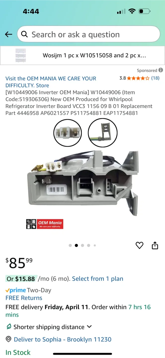 New OEM Mania W10449006 Refrigerator Inverter Board