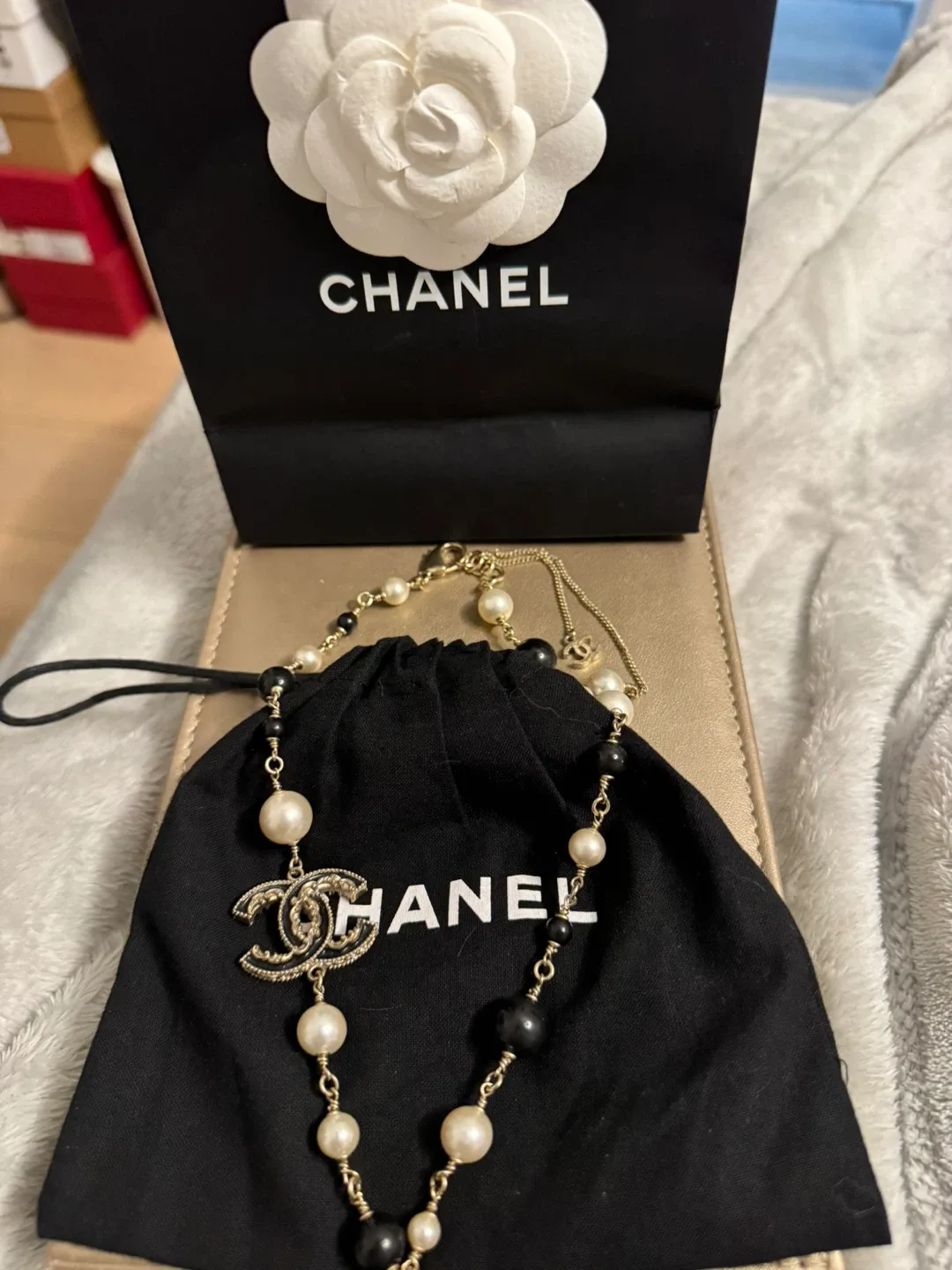 Authentic Chanel Pearl Necklace with Black and White Pearls
