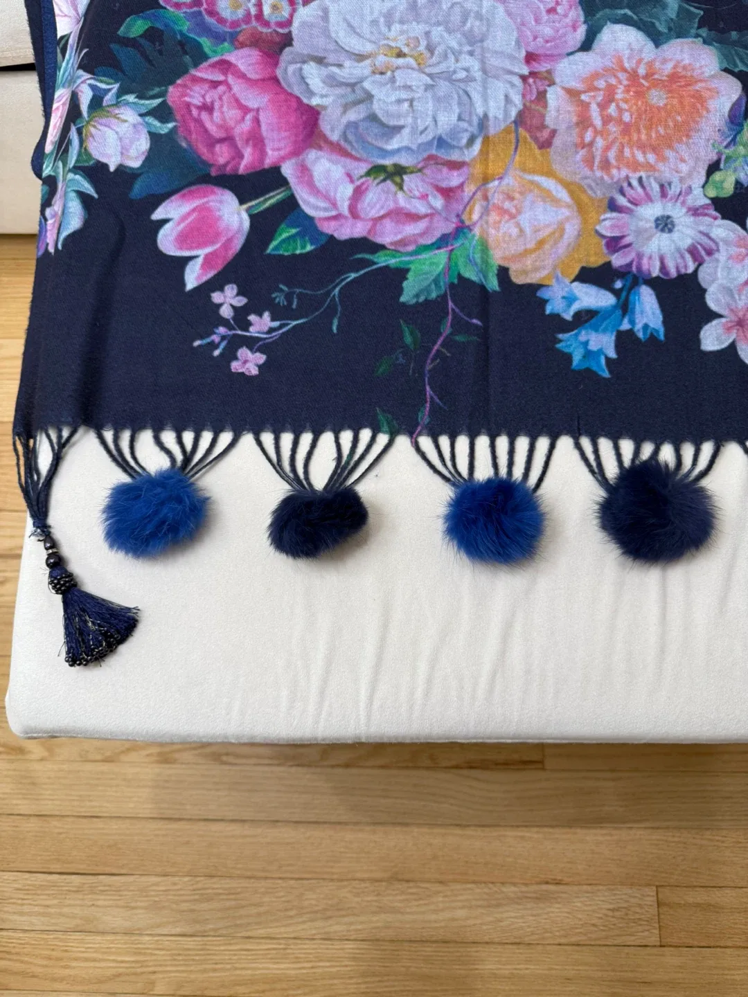 Floral Shawl with Pom-Poms