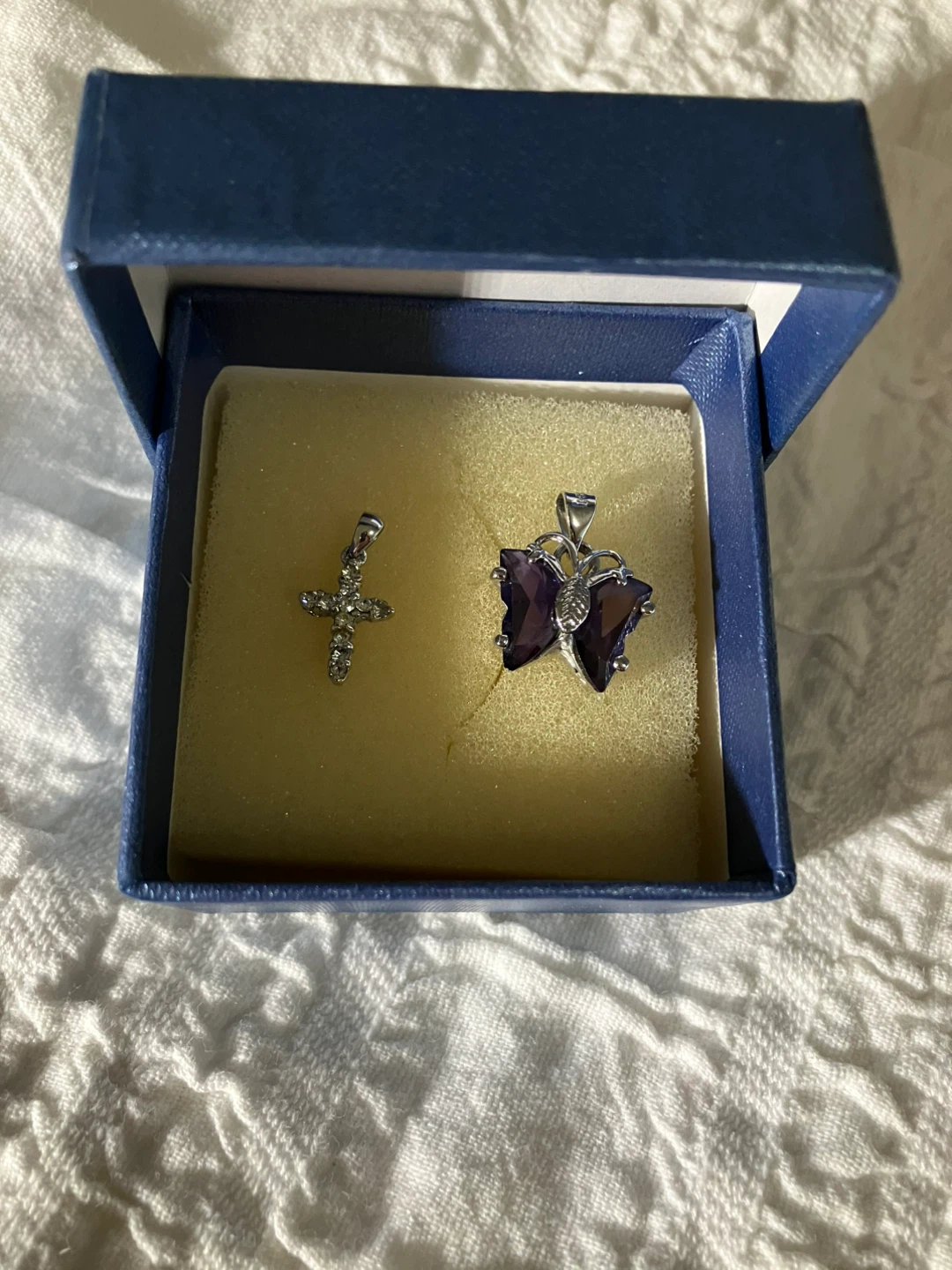 Amethyst Butterfly 🦋 & Diamond 💎 Cross Pendants Set