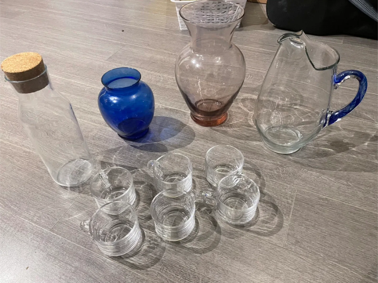 Glass Pitcher, Vase, Bottle & Cups Set