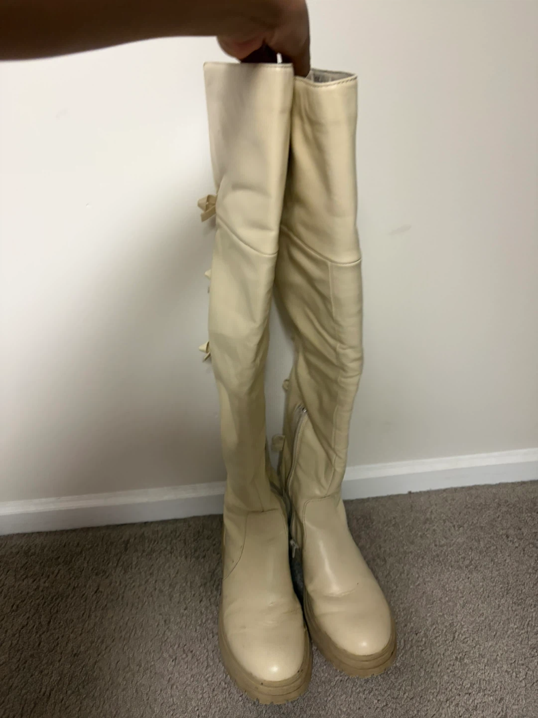 Janet Bow Cream Boots - Size 6.5