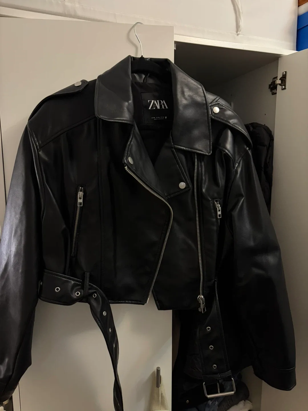 Zara Black Faux Leather Cropped Biker Jacket