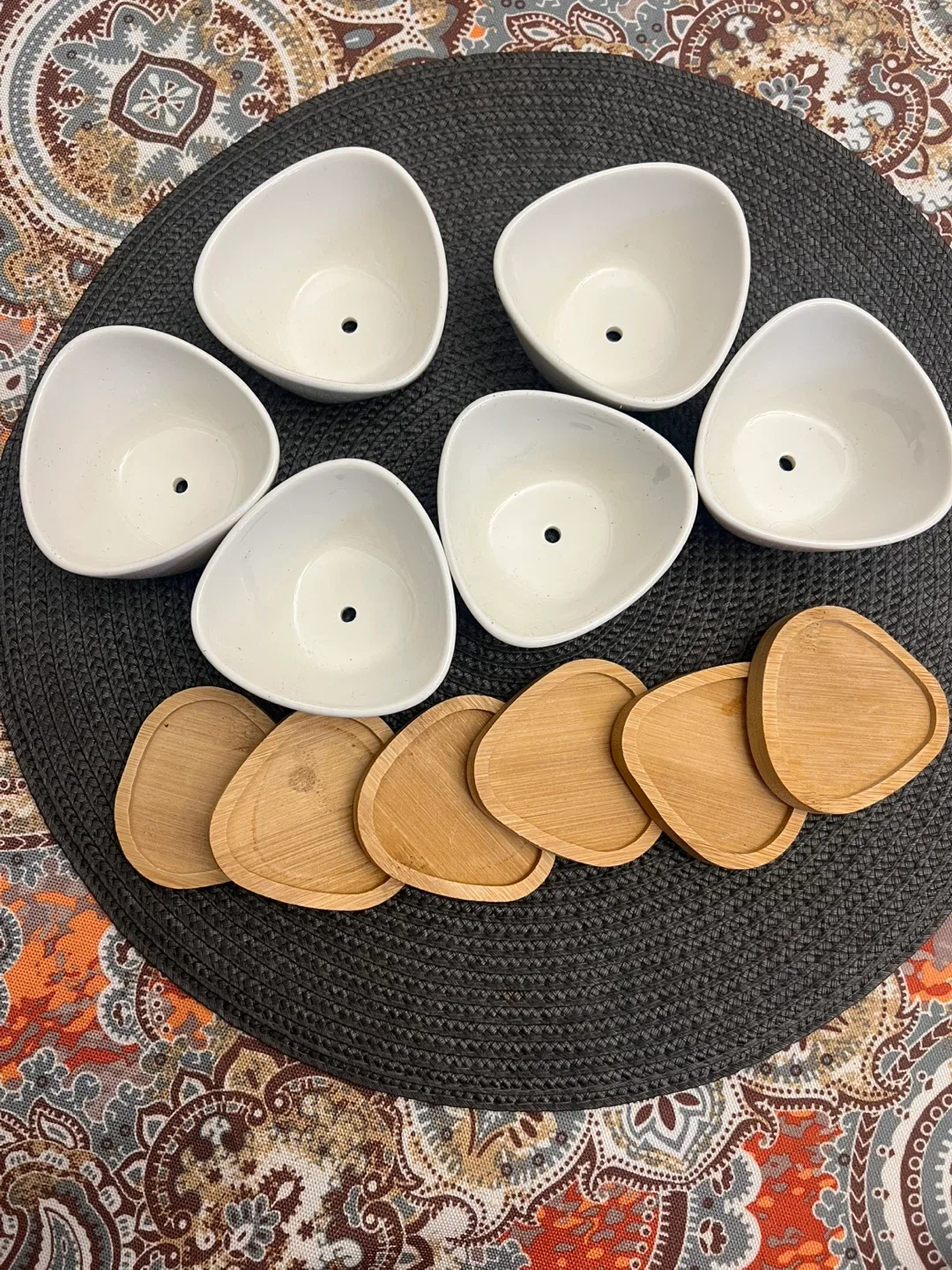 Small White Ceramic Plant Pots with Bamboo Saucers