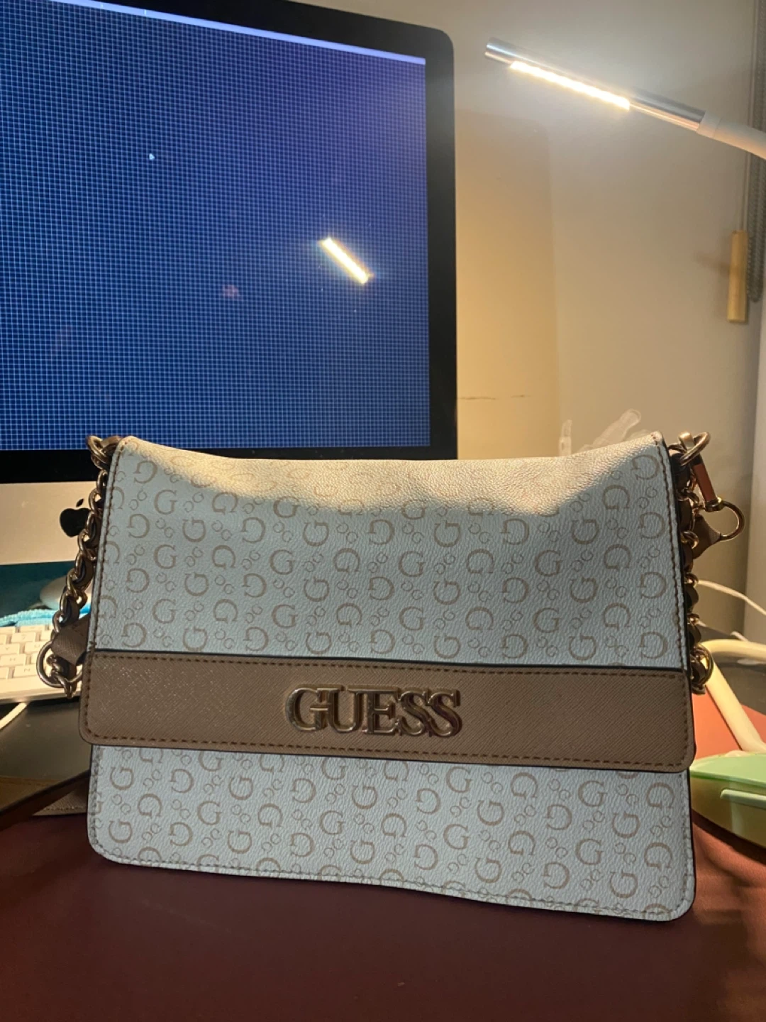 Guess Beige & White Shoulder Bag