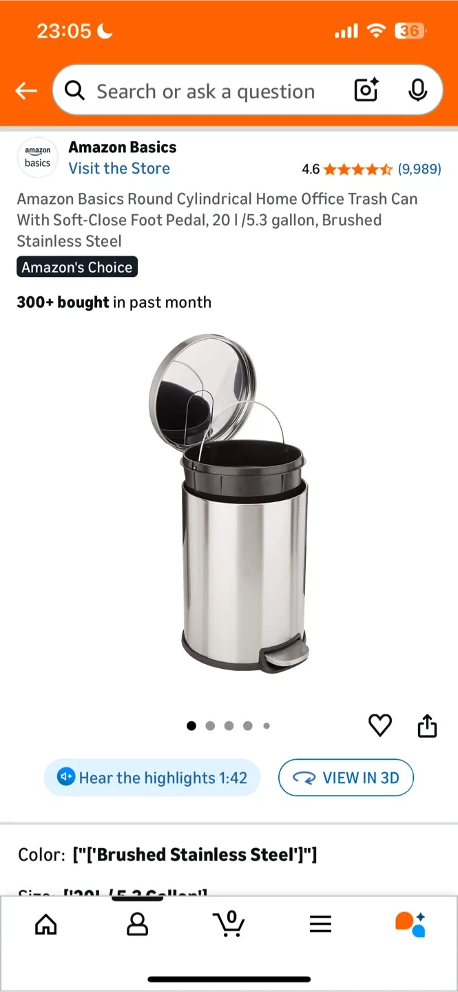 Amazon Basics Brushed Stainless Steel Trash Can