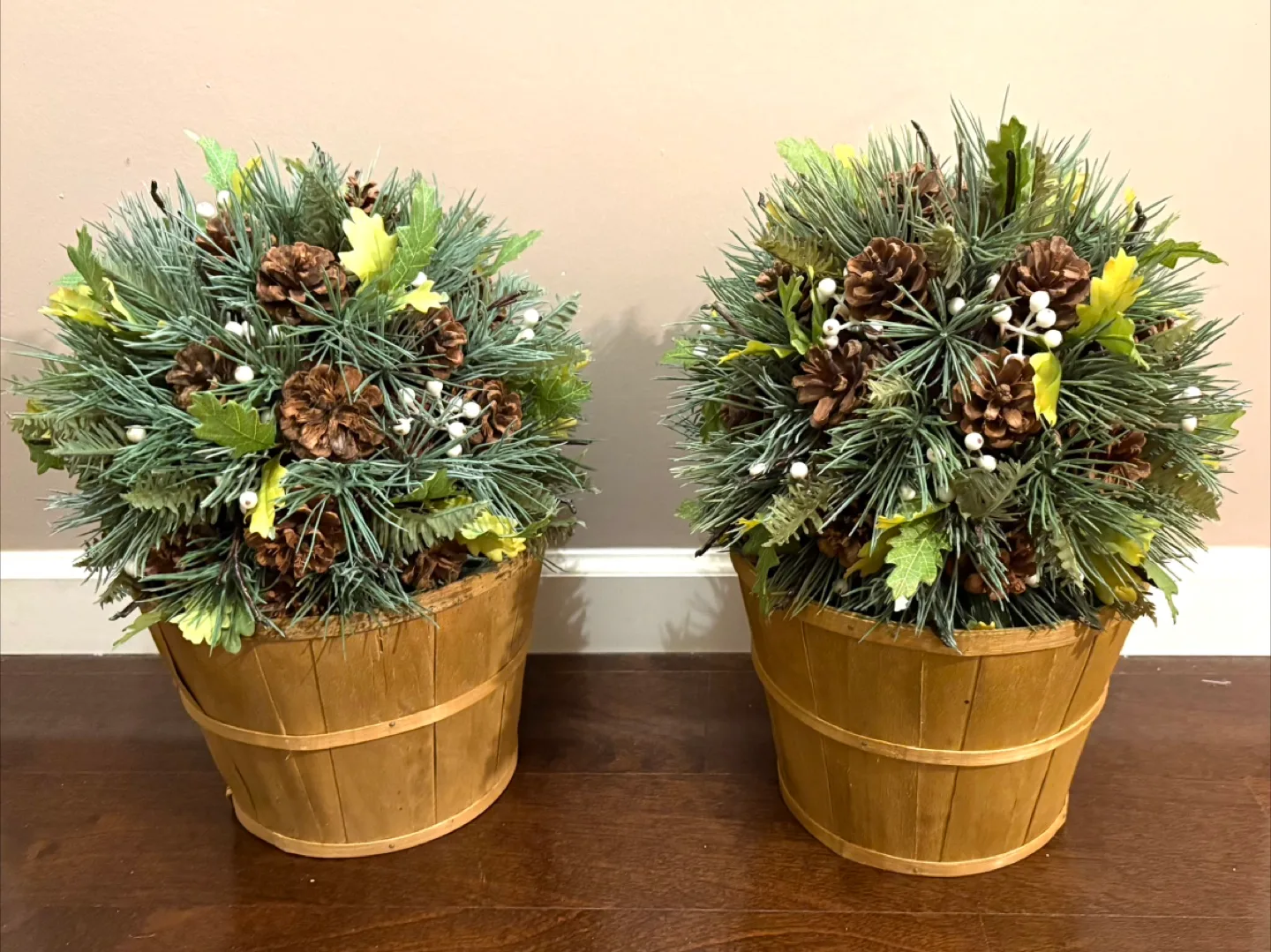 2 Artificial Pine & Cone Topiaries in Baskets
