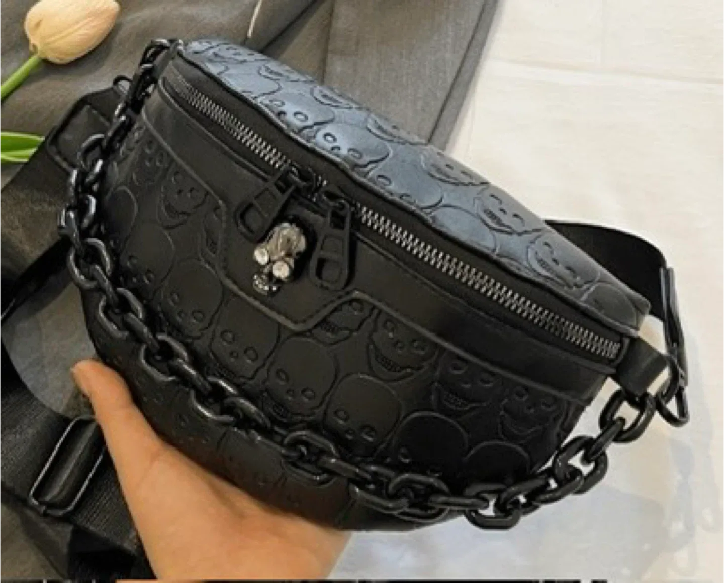 Black Skull Embossed Chain Belt Bag