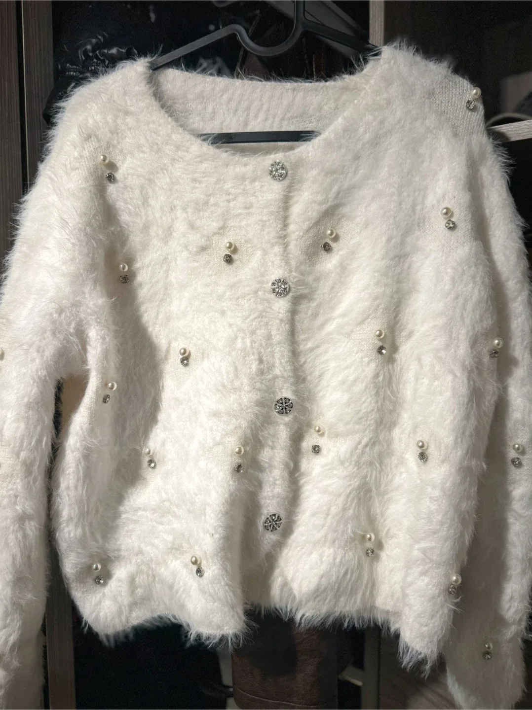 White Fuzzy Cardigan with Pearl & Rhinestone Details
