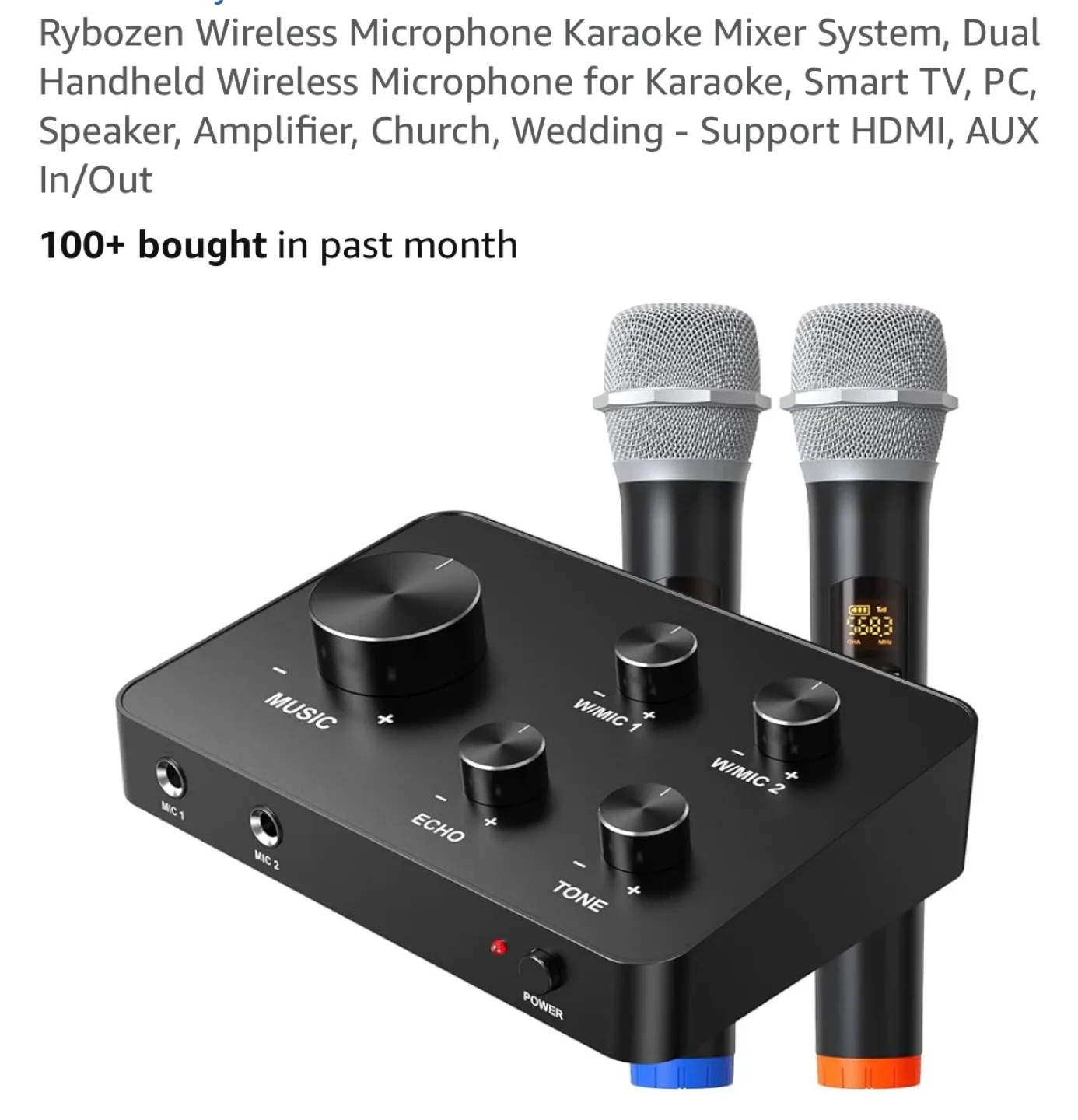 Rybozen Karaoke Mixer with Dual Wireless Mics - New!