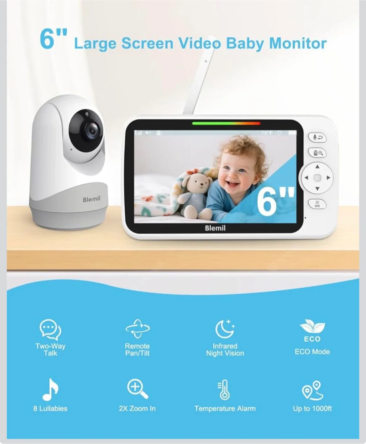 Same day availability Blemil 6" Large Screen Video Baby Monitor image indicator(2)