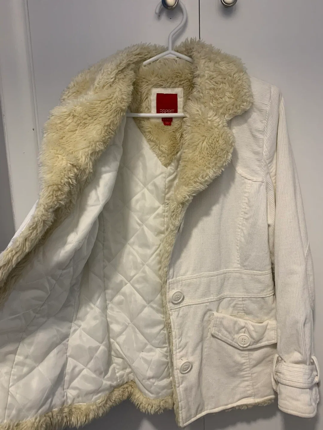 Esprit White Corduroy Jacket with Faux Fur Collar