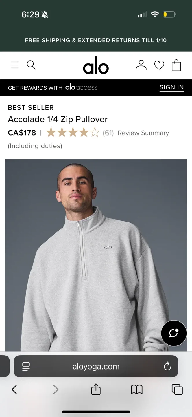 ALO Accolade 1/4 Zip Pullover - Size S