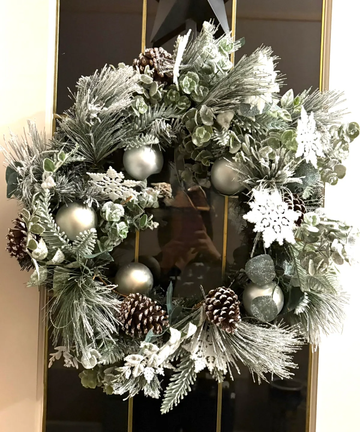 Jumbo Size Frosty Green Christmas Wreath with Silver Ornaments