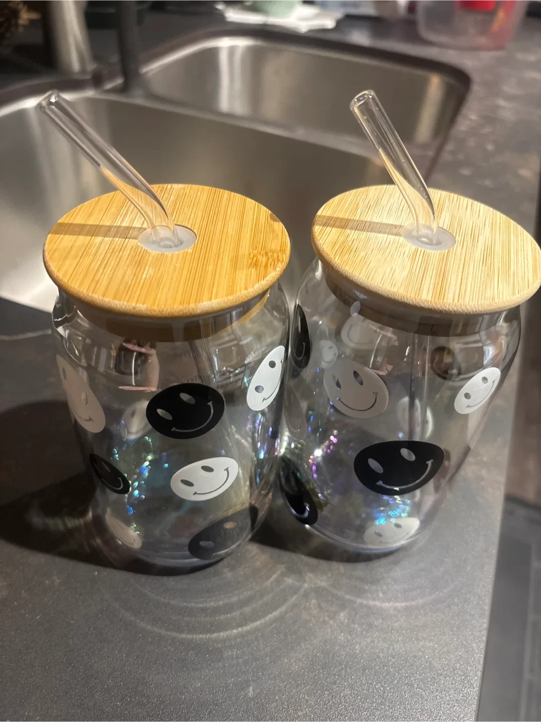 Smiley Face Glass Tumblers with Straws