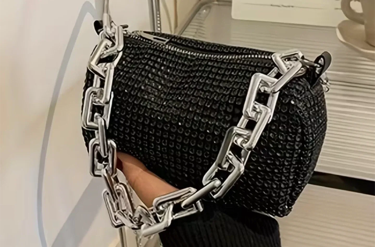 Black Rhinestone Chain Bag