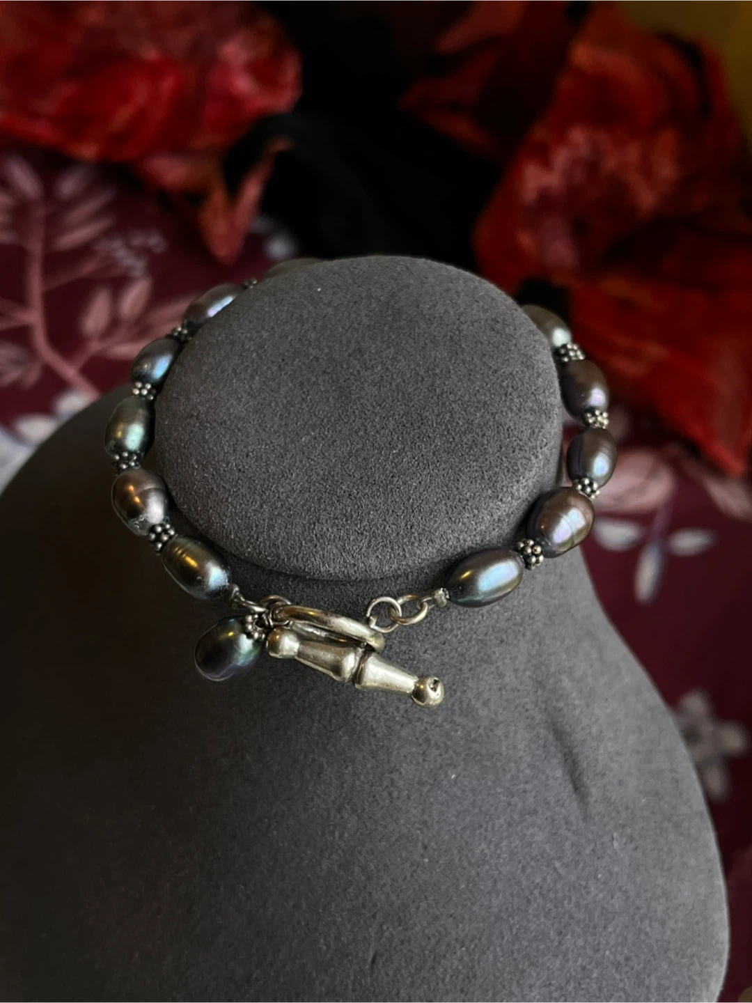 Sterling Silver and genuine pearl toggle clasp bracelet.