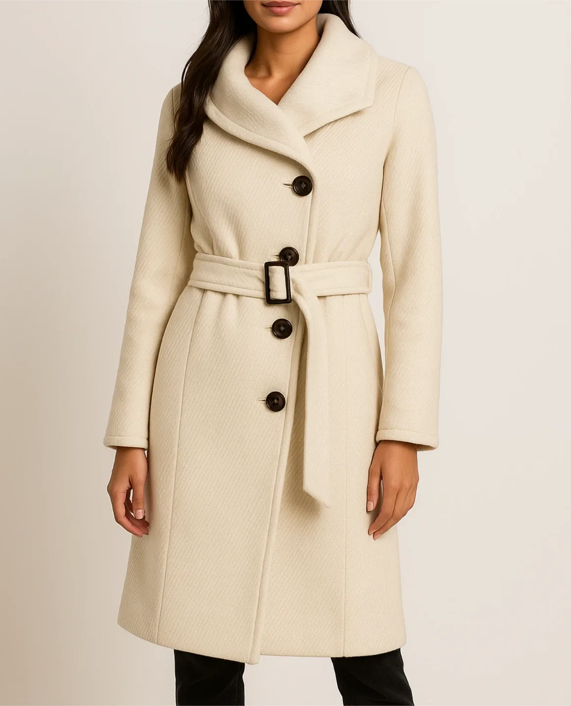 SOIA & KYO Ivory Wool-Cashmere Belted Winter Long Coat