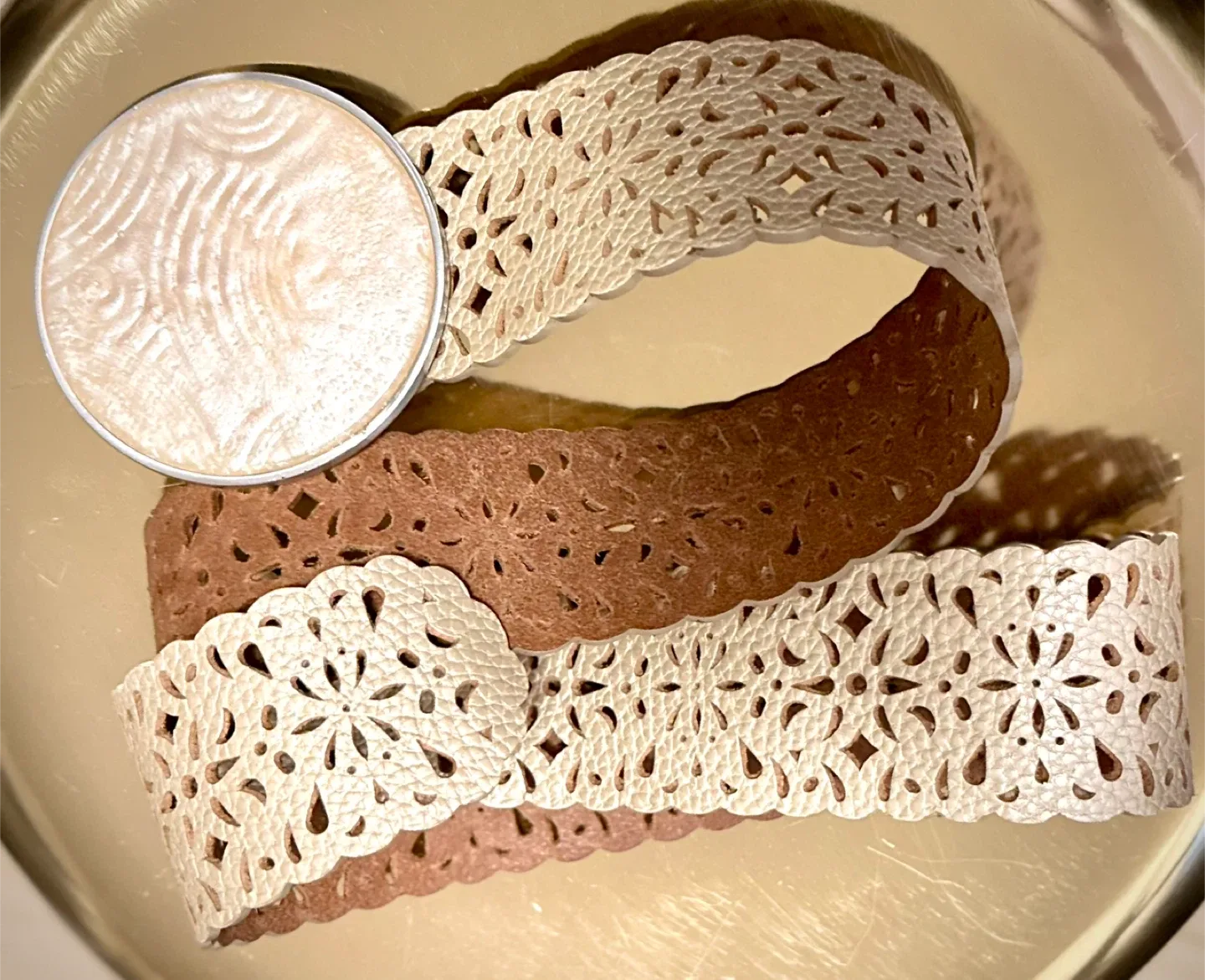 Chico’s Wide Metallic Gold Leather Round Pearl Buckle Belt 42"