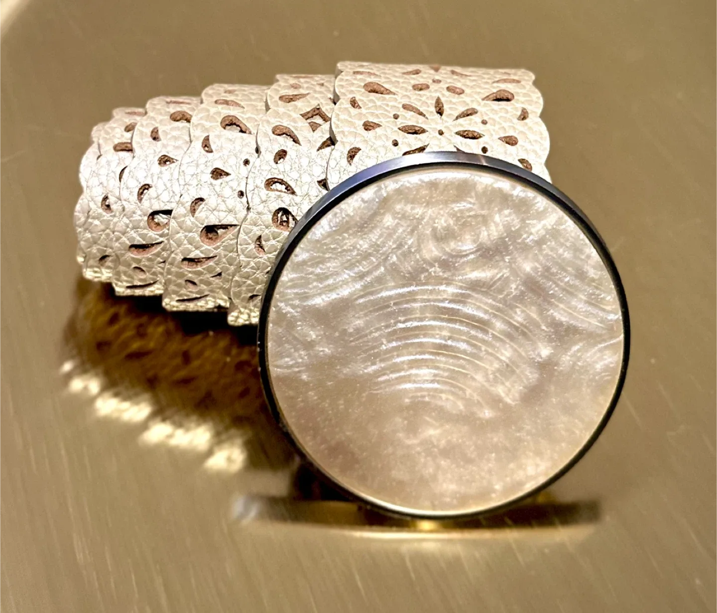 Chico’s Wide Metallic Gold Leather Round Pearl Buckle Belt 42" image indicator(5)