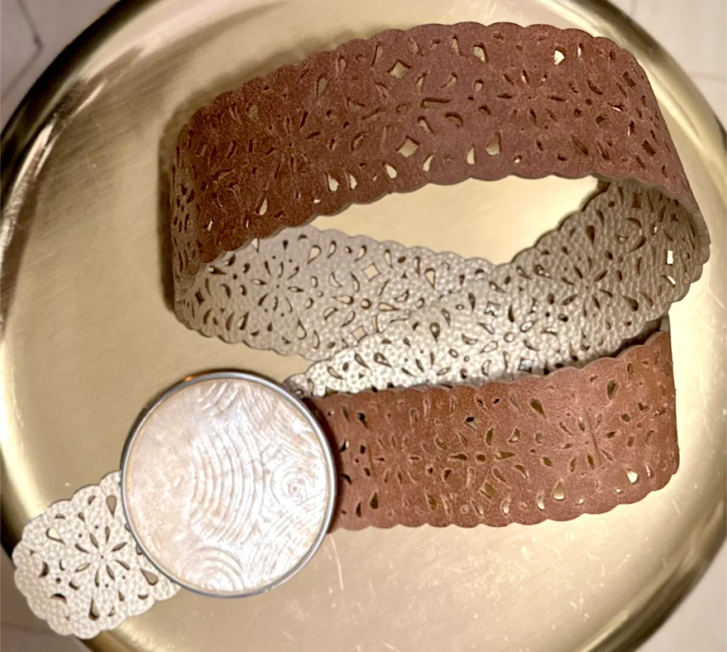 Chico’s Wide Metallic Gold Leather Round Pearl Buckle Belt 42" image indicator(4)