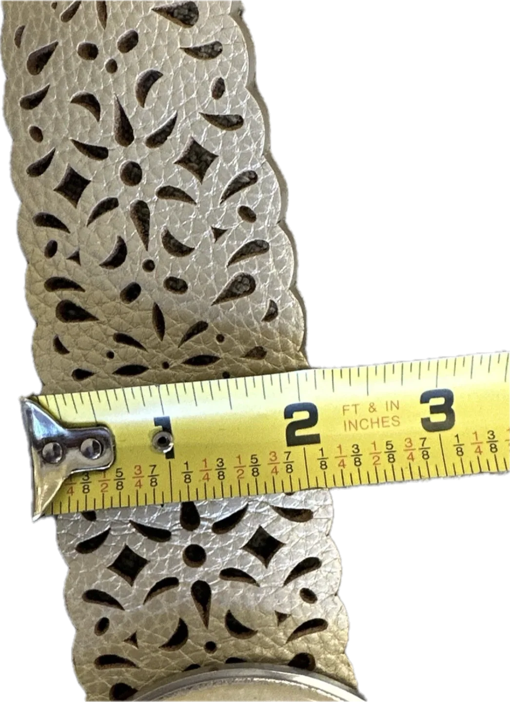 Chico’s Wide Metallic Gold Leather Round Pearl Buckle Belt 42" image indicator(7)