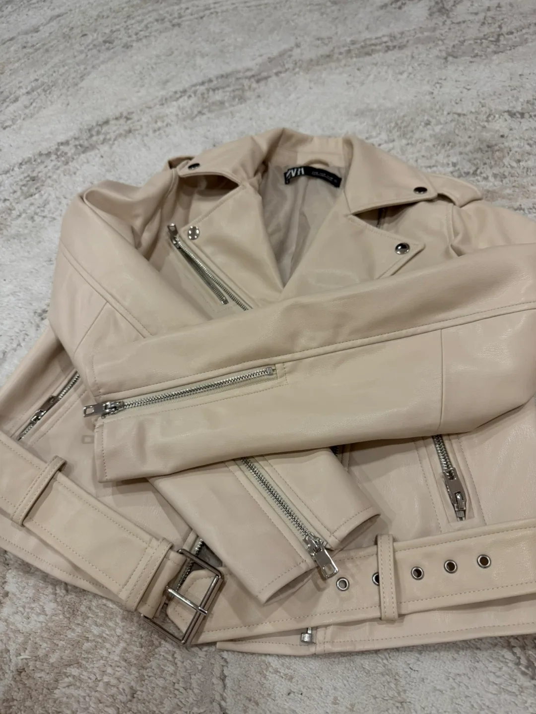 Zara Faux Leather Biker Jacket - Cream, Size M image indicator(2)