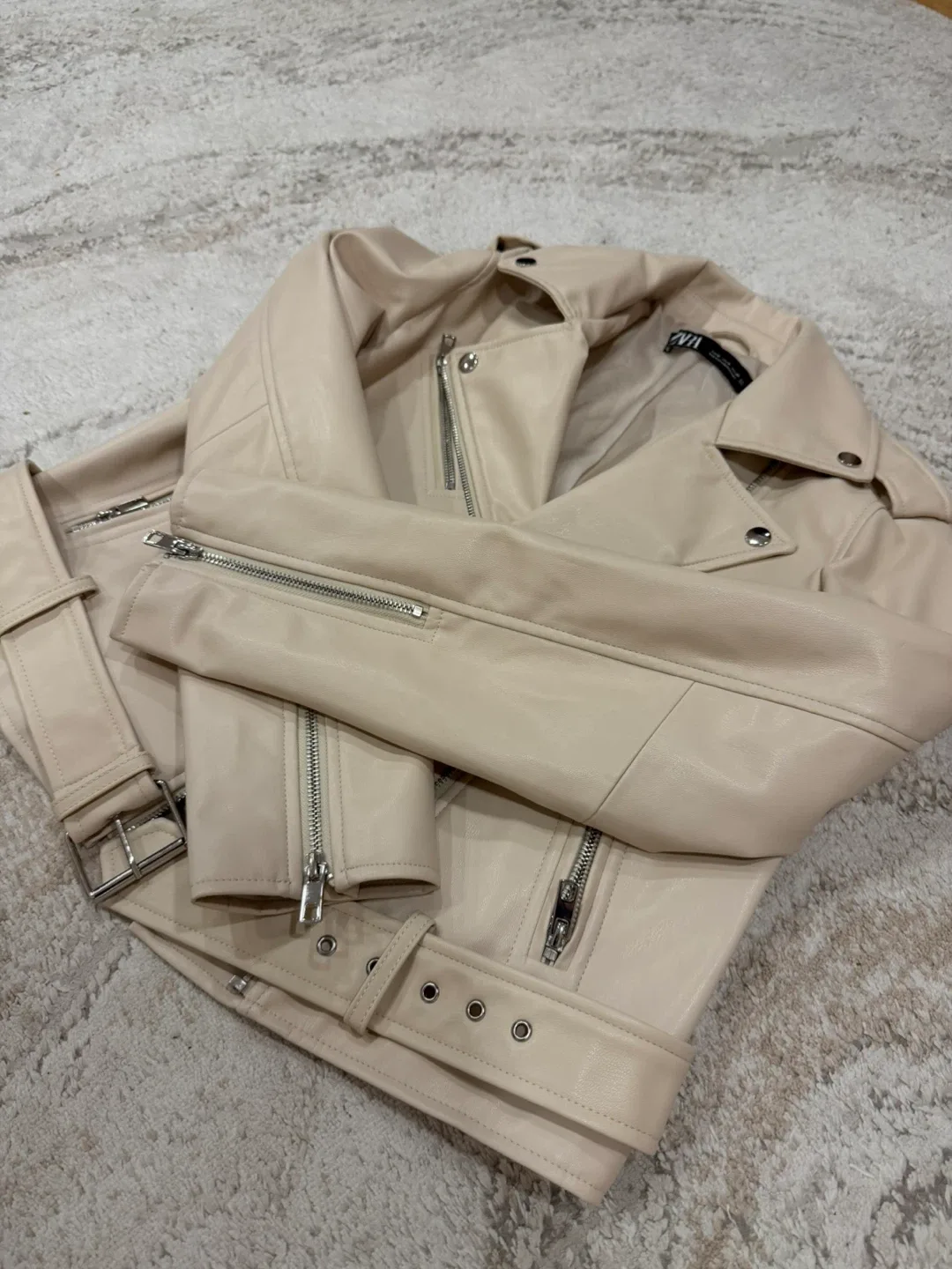 Zara Faux Leather Biker Jacket - Cream, Size M image indicator(3)