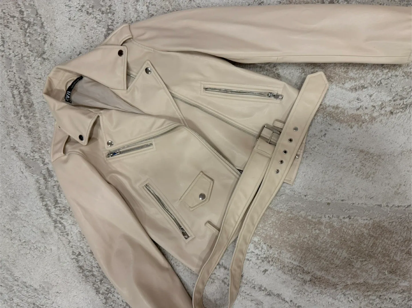 Zara Faux Leather Biker Jacket - Cream, Size M image indicator(4)