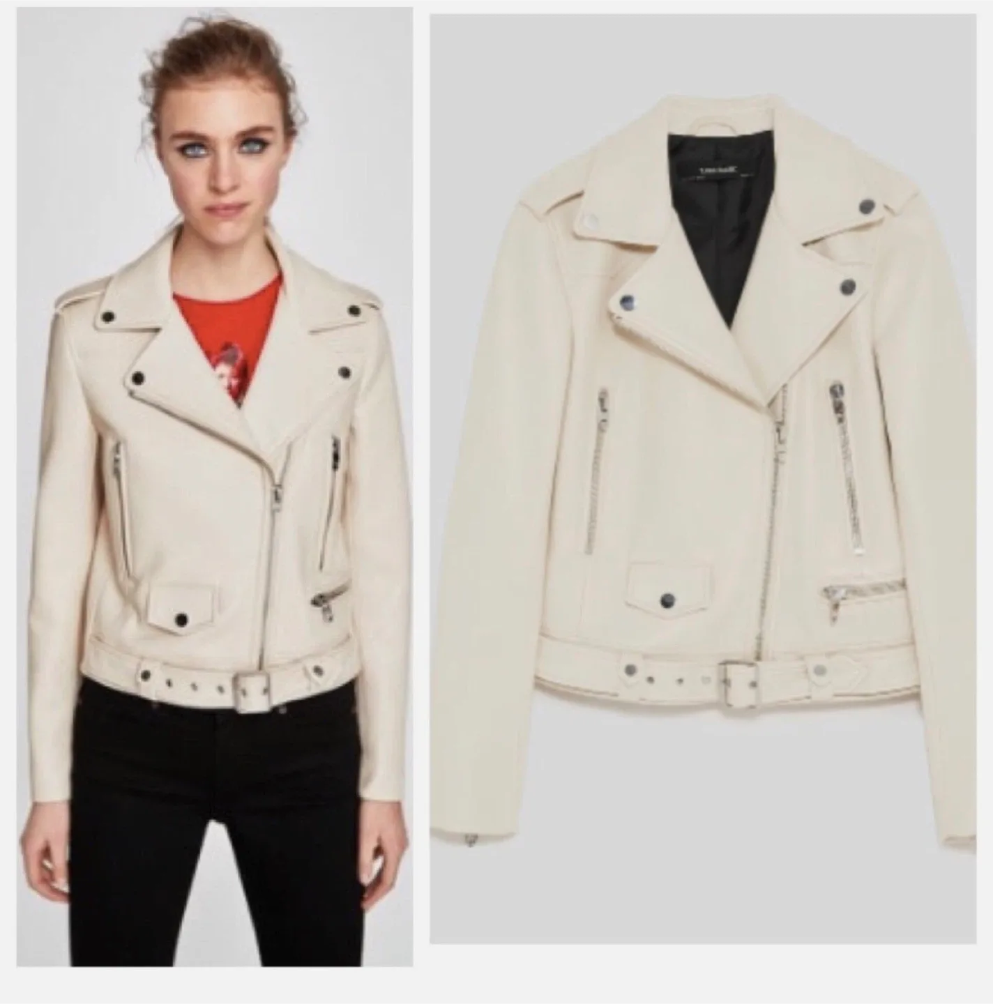 Zara Faux Leather Biker Jacket - Cream, Size M
