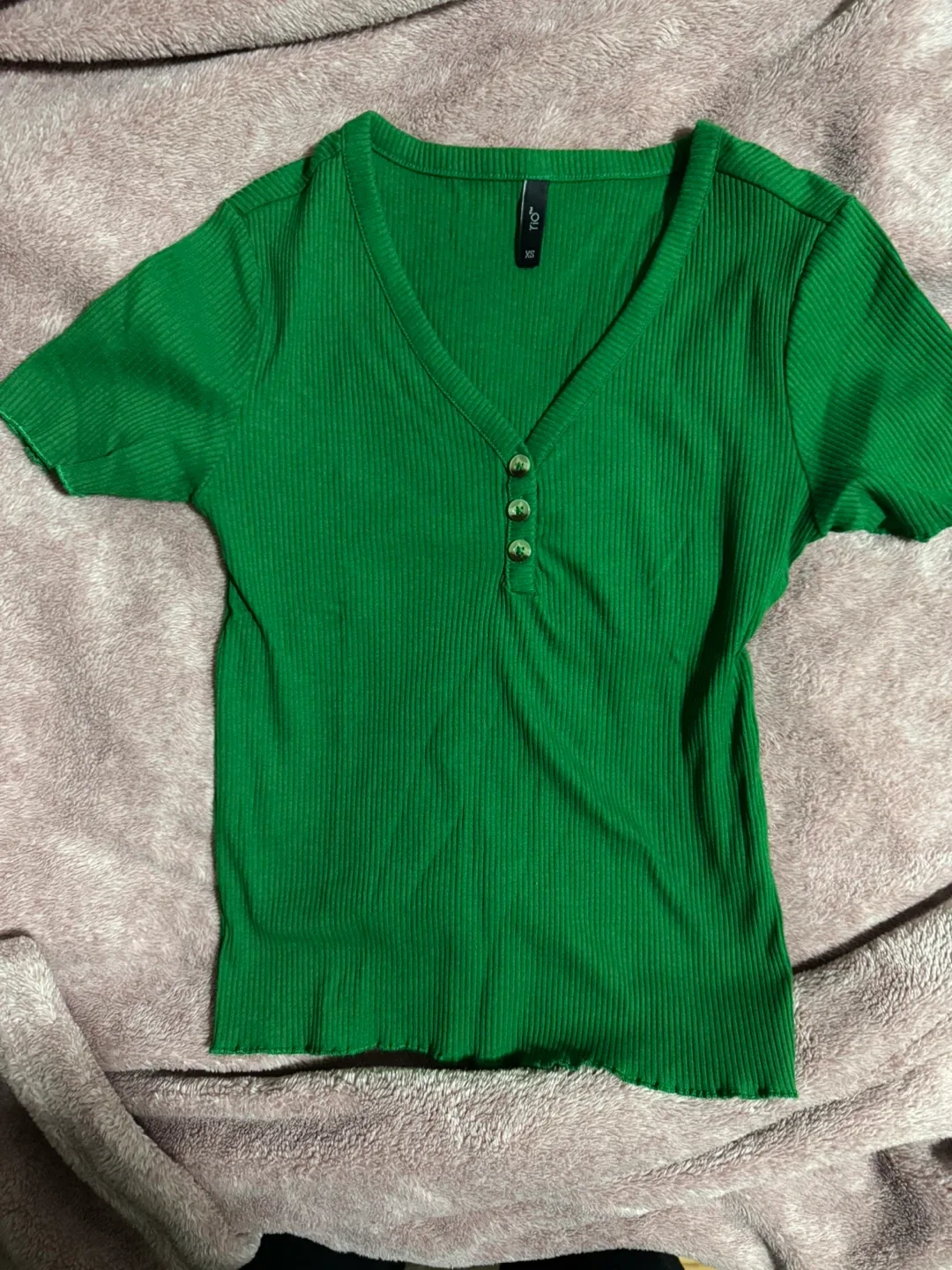 Green Ribbed V-Neck Top - Size XS