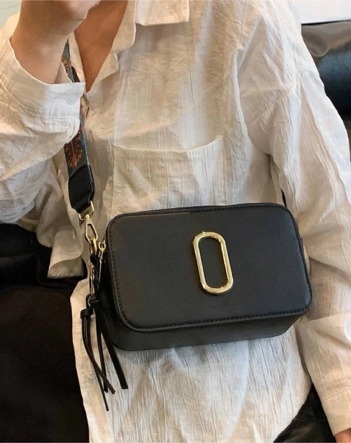 Black Bag with Patterned Strap