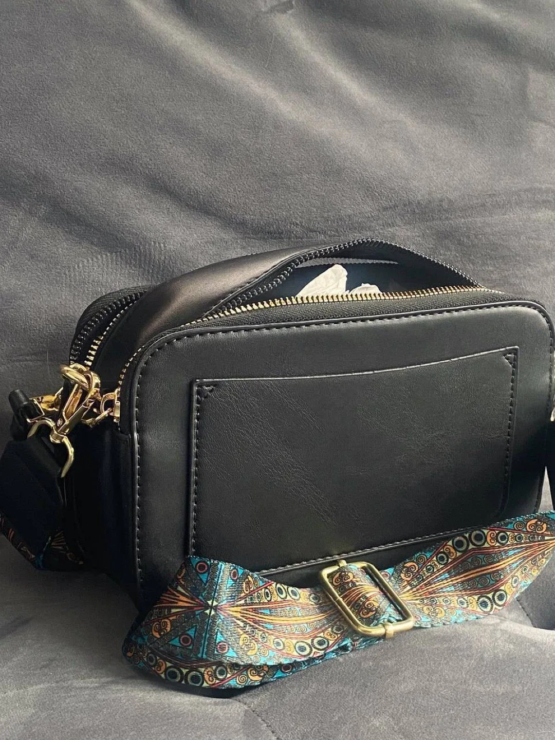 Black Bag with Patterned Strap image indicator(10)