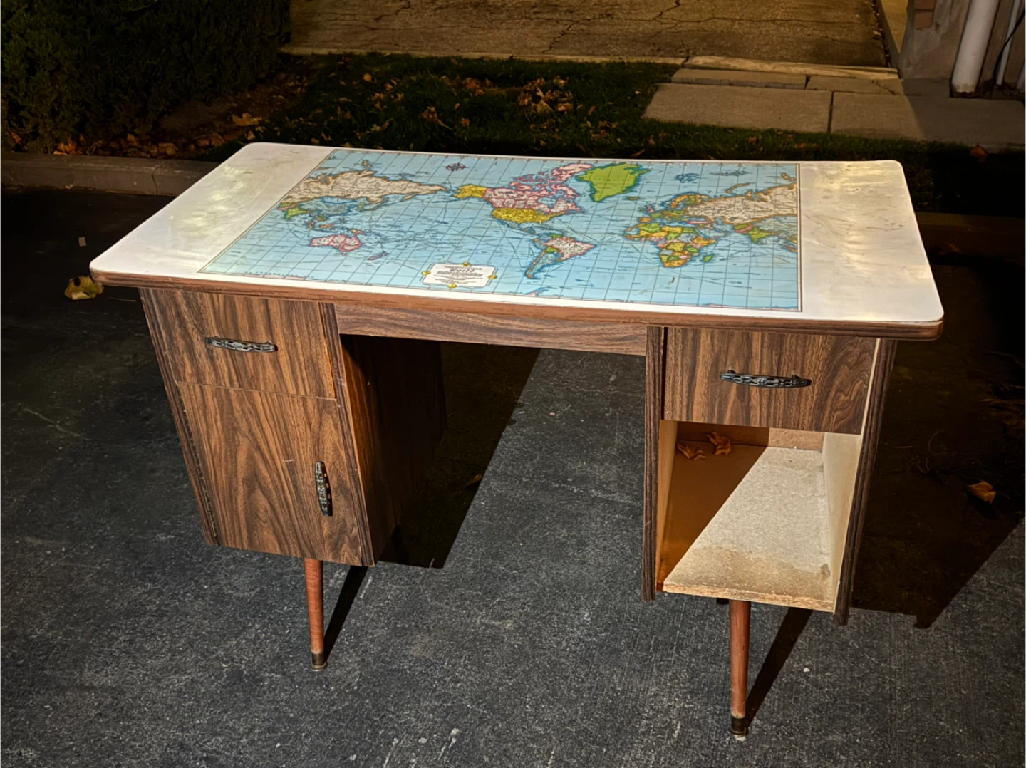 wooden World Map Desk with two cabinets and to drawers